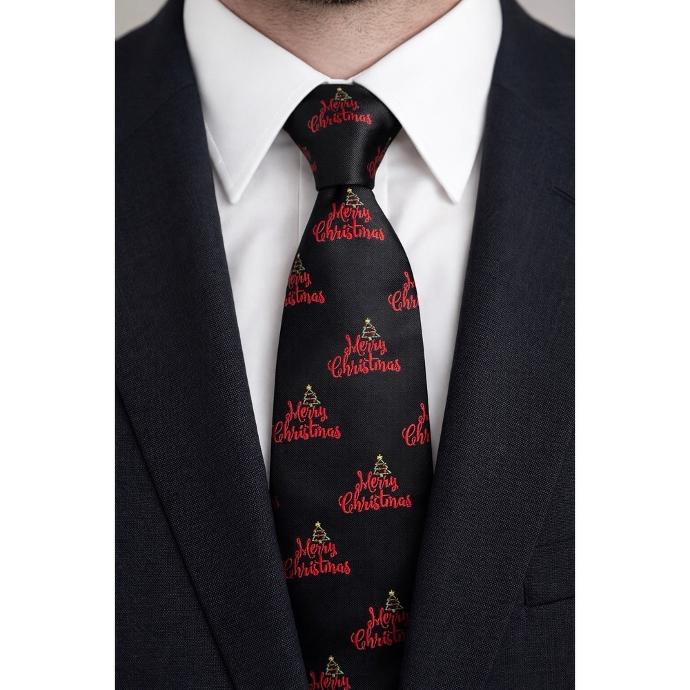 Mens Black Merry Christmas Holiday Necktie Festive Tree Print‎ Party Novelty Tie